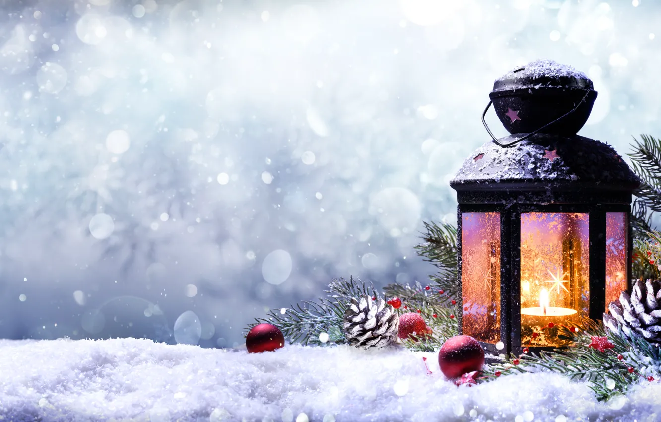 Photo wallpaper snow, holiday, spruce, branch, flashlight, lantern, New year, bumps