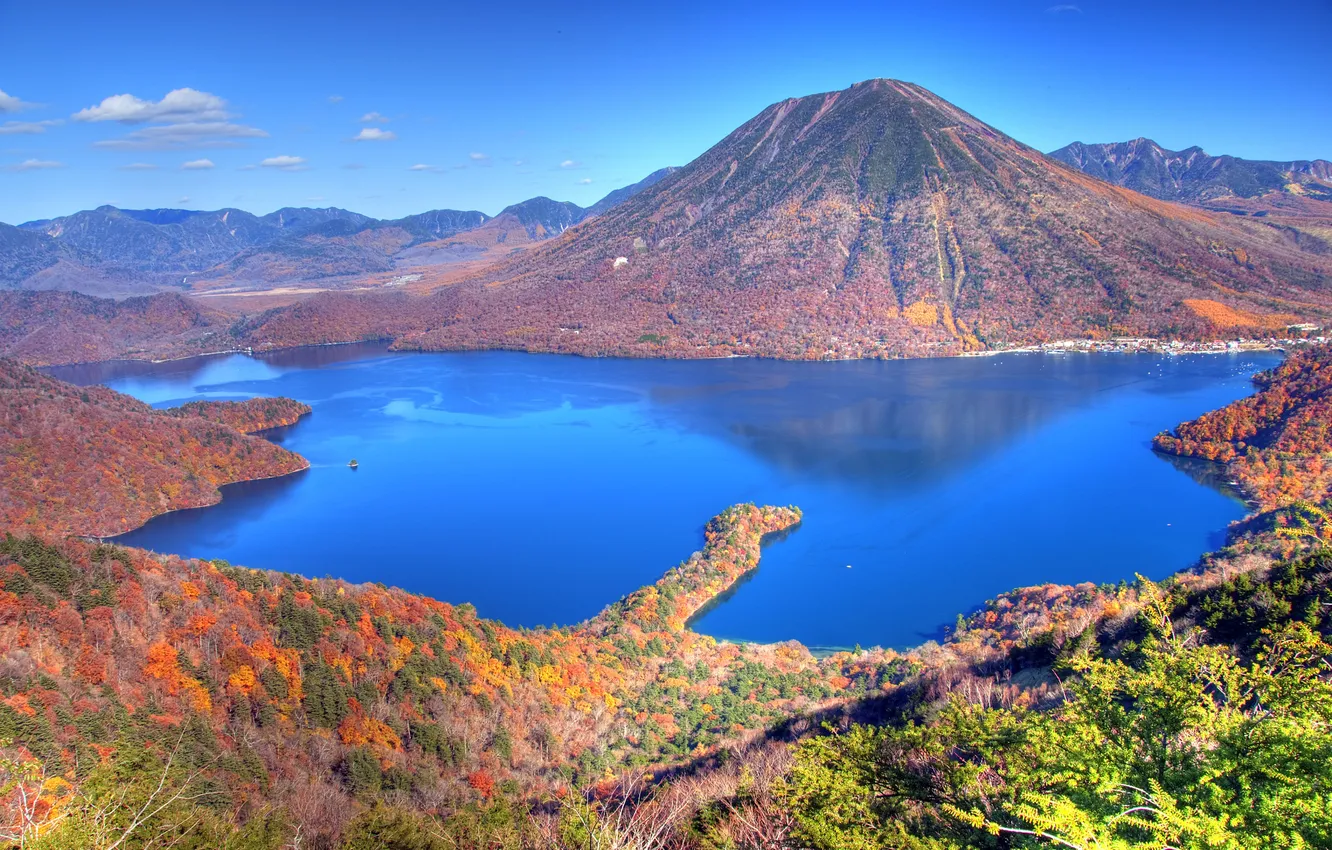 Photo wallpaper colors, red, japan, yellow, blue, autumn, mountain, lake