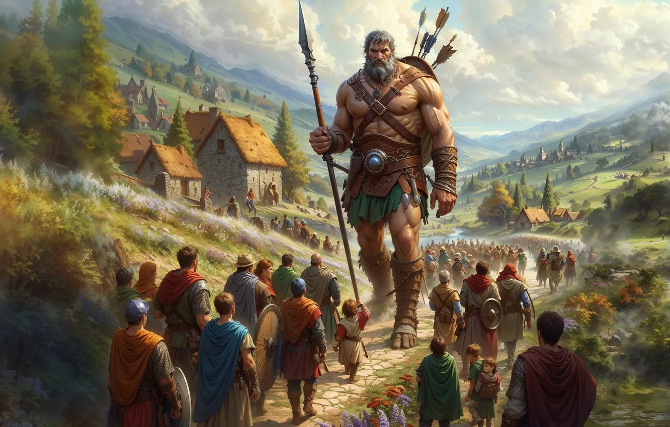 Photo wallpaper people, village, giant