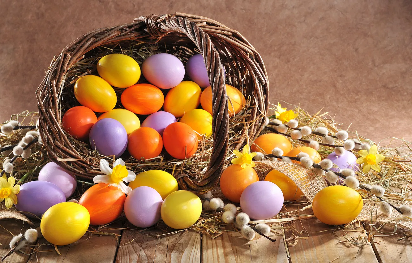 Photo wallpaper eggs, spring, Easter, happy, wood, Verba, spring, Easter