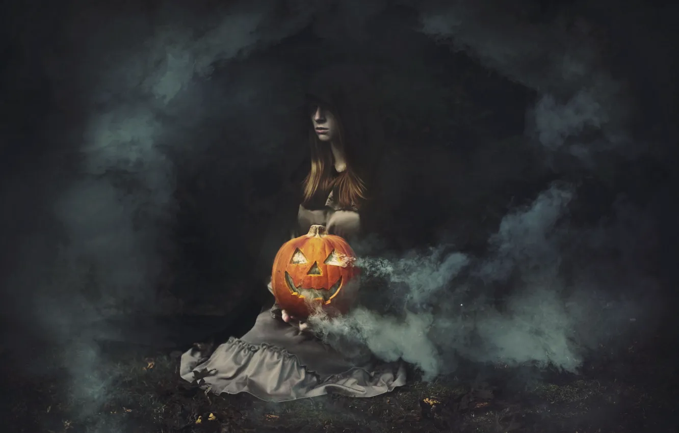 Photo wallpaper girl, holiday, pumpkin, Halloween Secrets