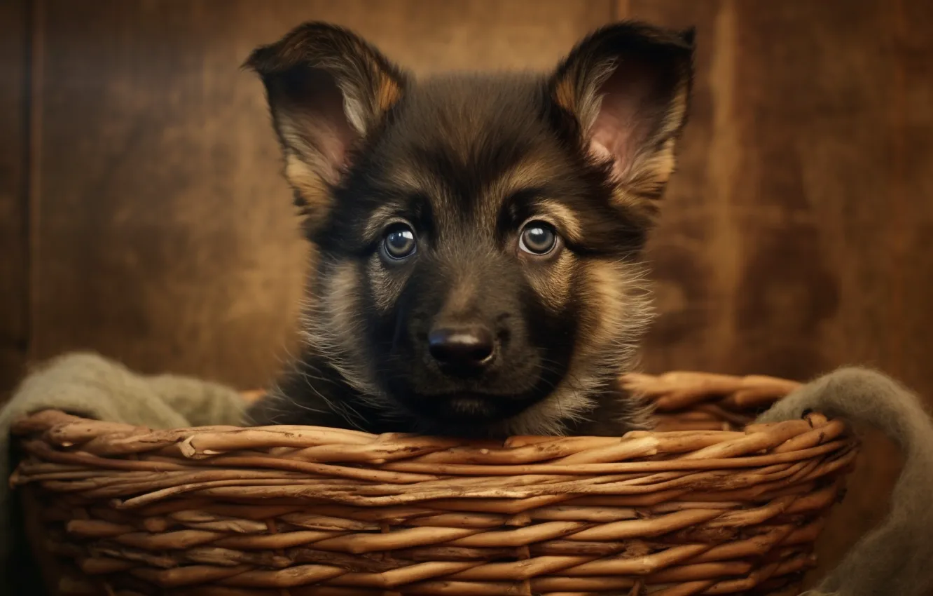 Photo wallpaper look, portrait, dog, baby, puppy, face, basket, brown background