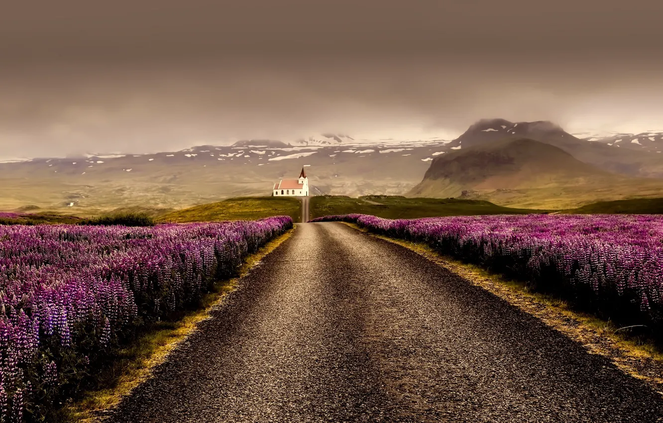 Photo wallpaper road, mountains, clouds, field, Iceland