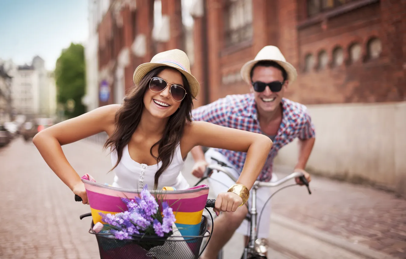 Photo wallpaper love, joy, happiness, flowers, pair, riding, bikes