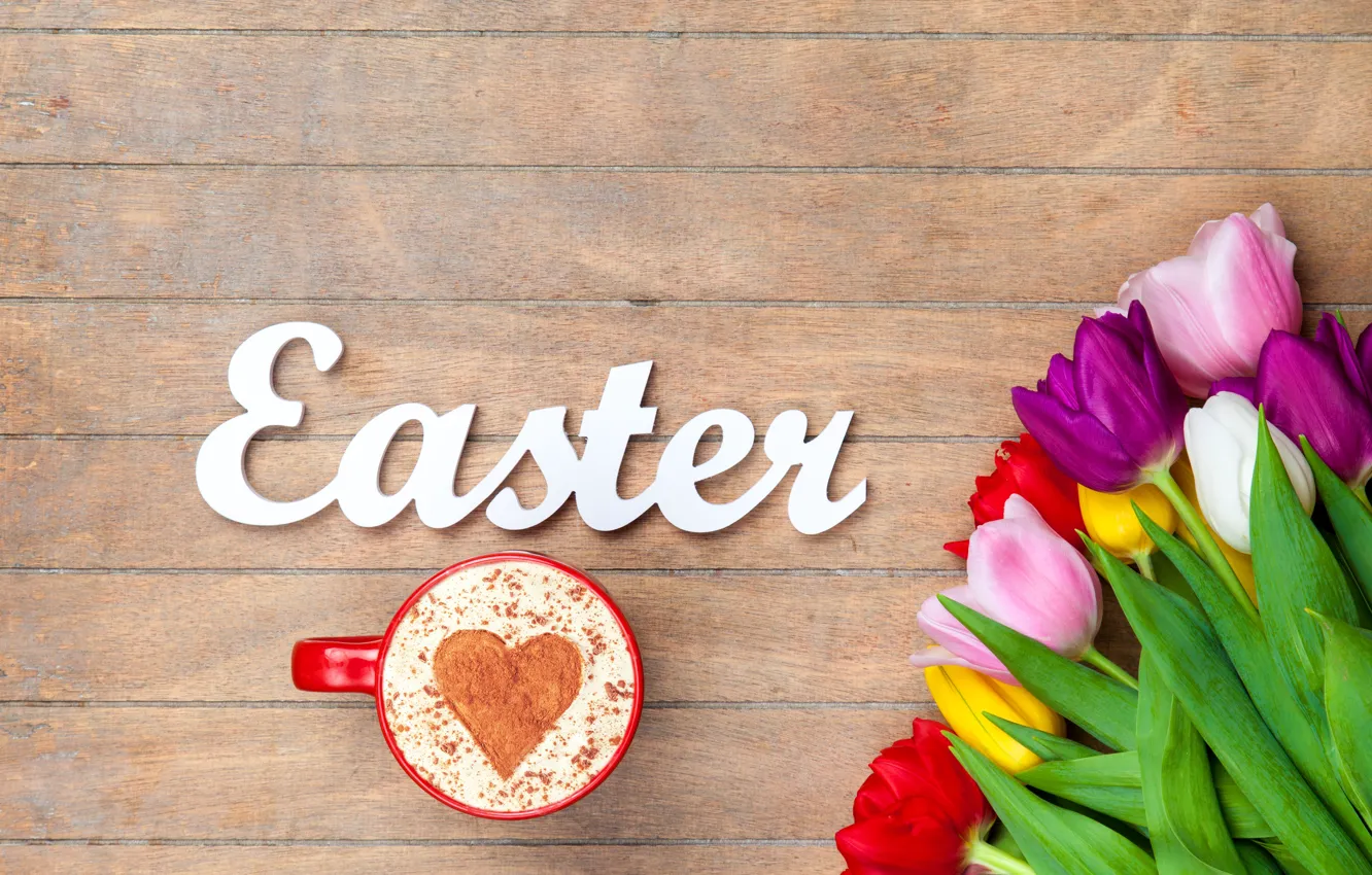 Photo wallpaper flowers, Board, colorful, Easter, tulips, happy, wood, flowers