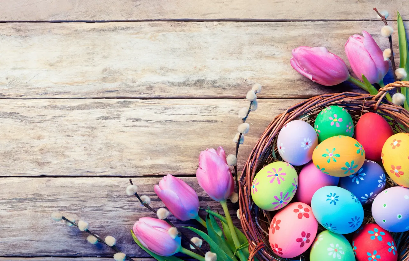 Photo wallpaper flowers, eggs, spring, colorful, Easter, wood, flowers, tulips