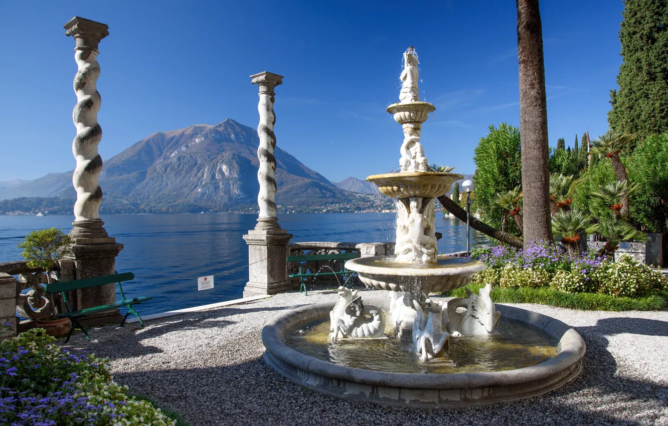 Photo wallpaper mountains, Italy, fountain, lake Como, Varenna, Villa Monastero
