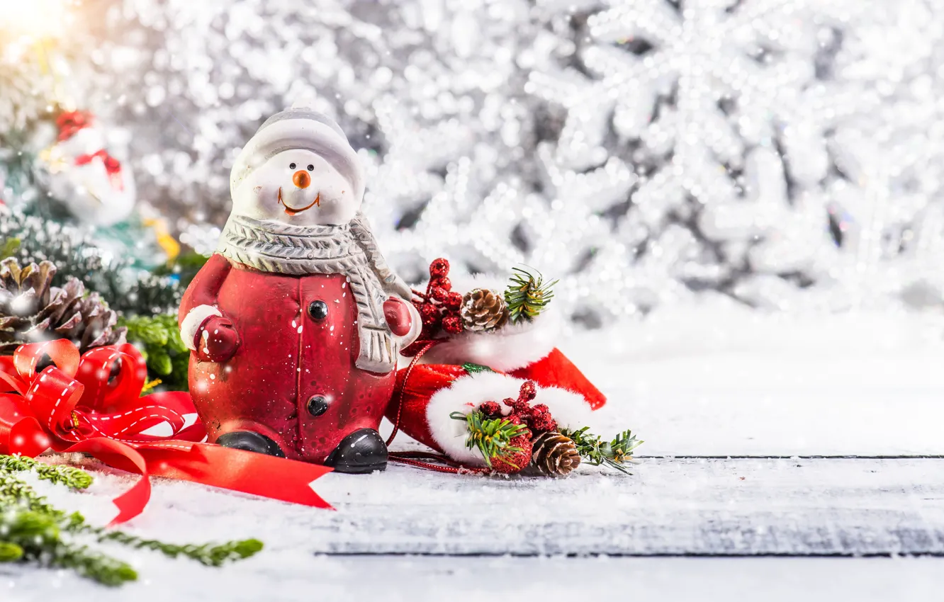 Photo wallpaper winter, snow, decoration, snowflakes, tree, New Year, Christmas, snowman