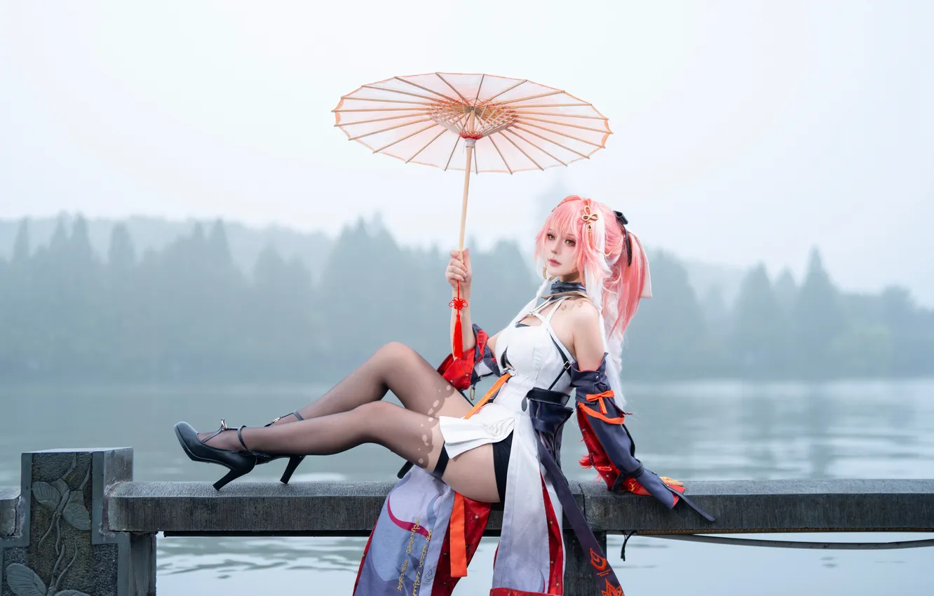 Photo wallpaper Asian, long hair, women, cosplay, sitting, orange eyes, women outdoors, video game girls