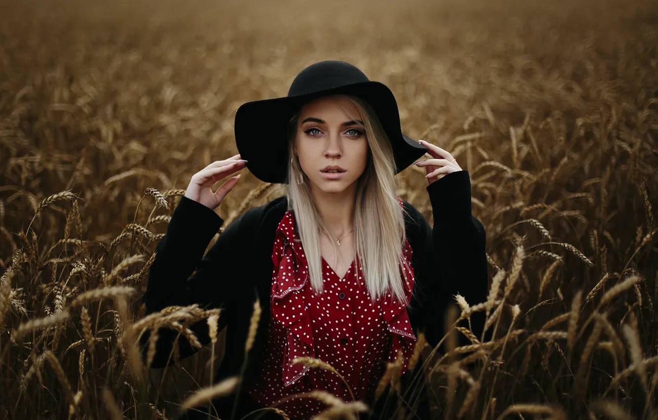 Photo wallpaper girl, long hair, field, hat, photo, blue eyes, model, bokeh