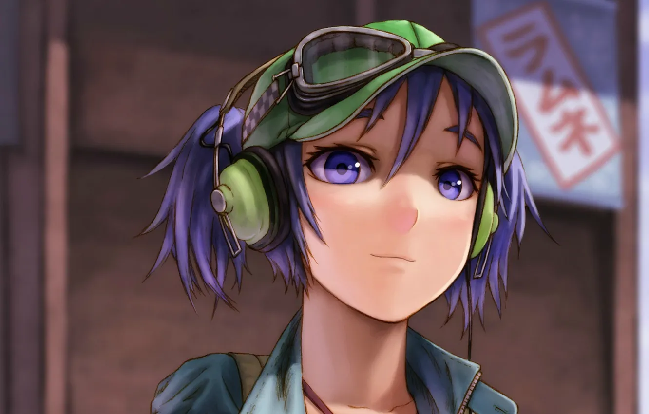 Photo wallpaper face, headphones, glasses, baseball cap, touhou, blue hair, Armored core, Kawashiro Nitori