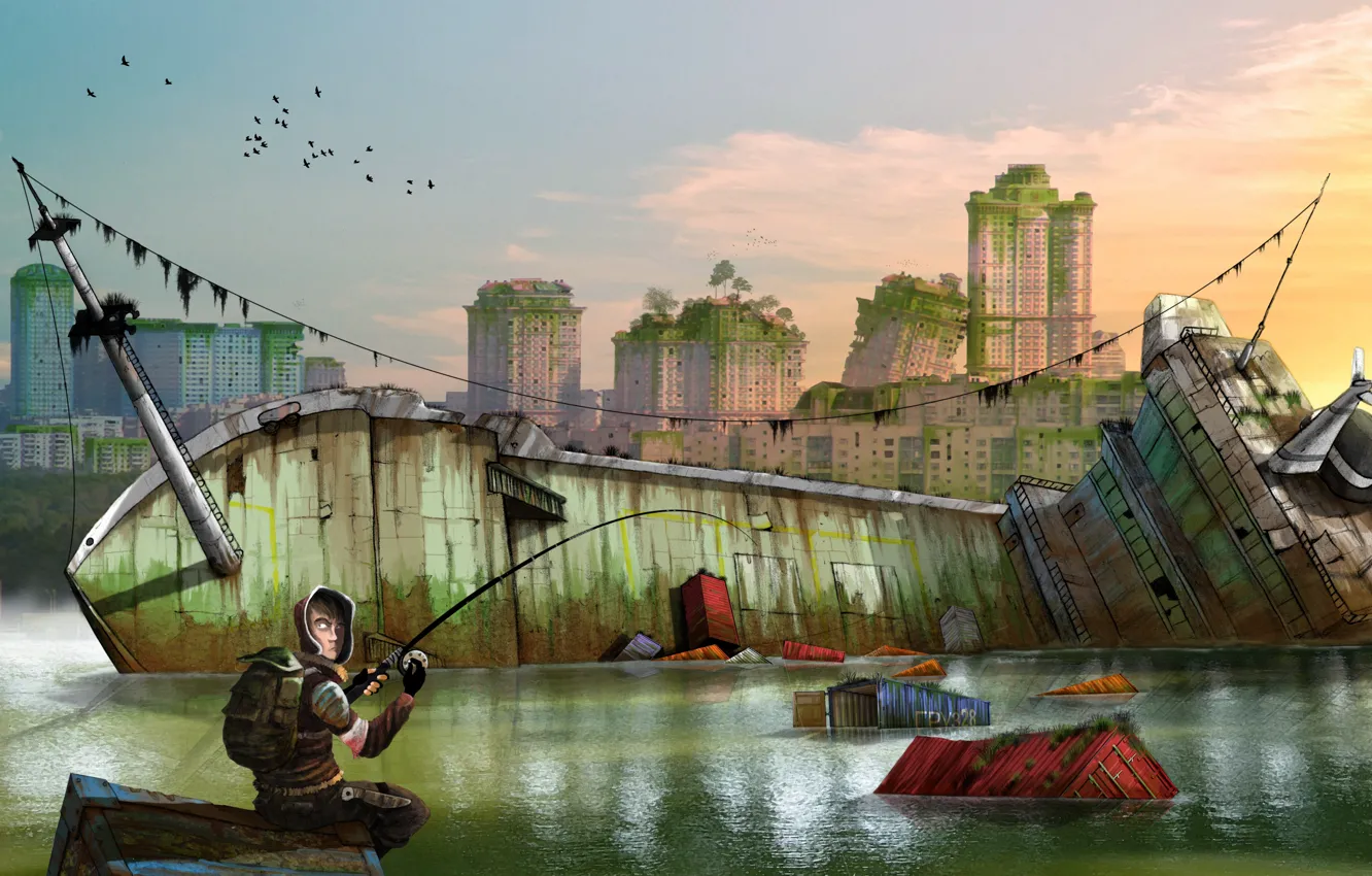 Photo wallpaper water, fishing, people, ship, art, postapokalipsis, abandonment, rod