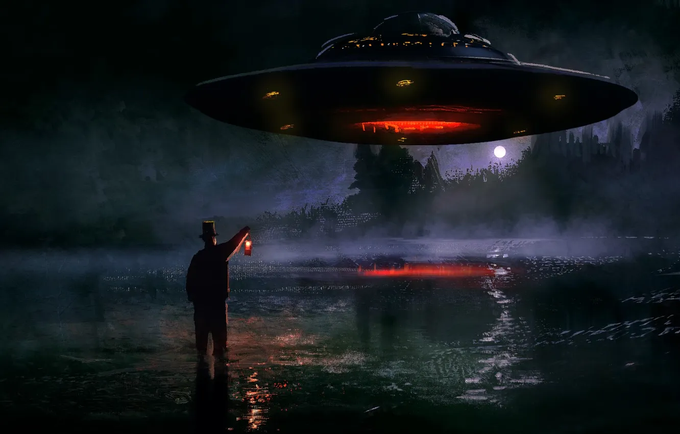 Photo wallpaper spaceship, artwork, lantern, UFO, top hat