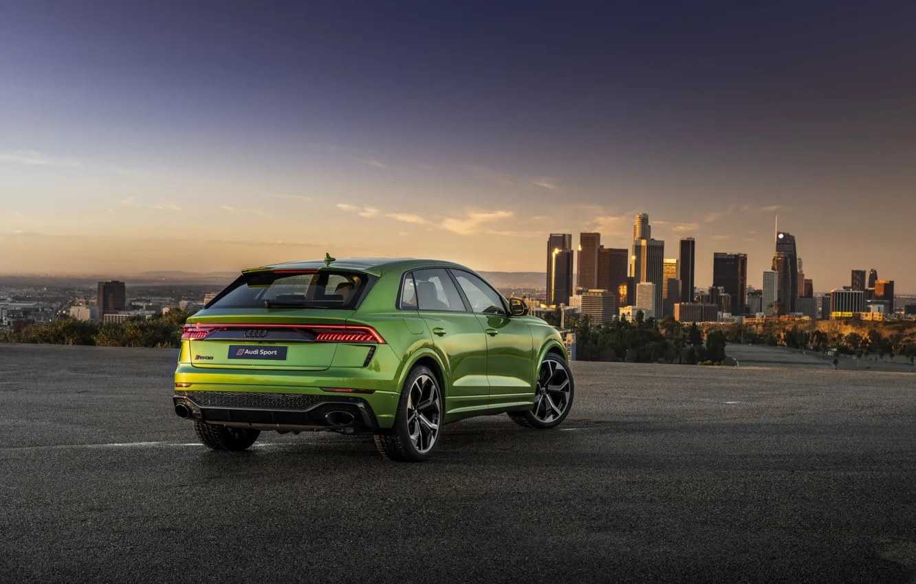 Photo wallpaper sunset, the city, Audi, rear view, crossover, 2020, RS Q8