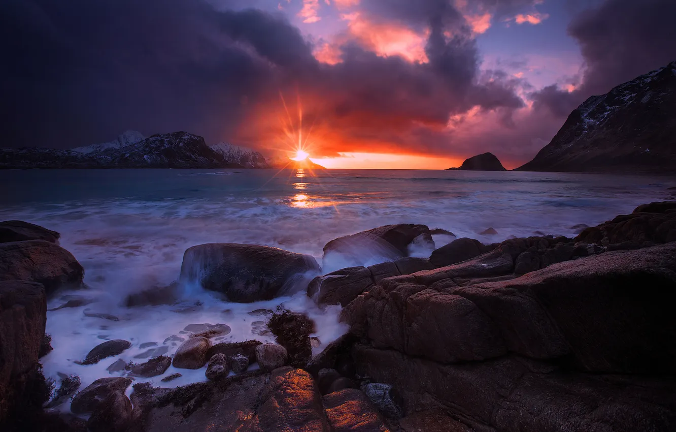 Photo wallpaper the sky, the sun, clouds, rays, light, mountains, heat, Norway