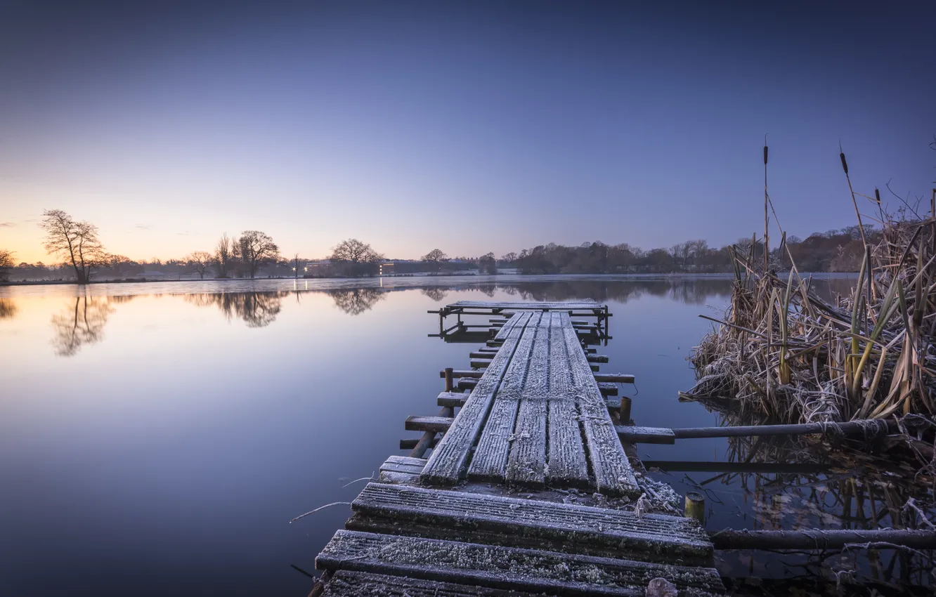 Photo wallpaper bridge, shore, morning