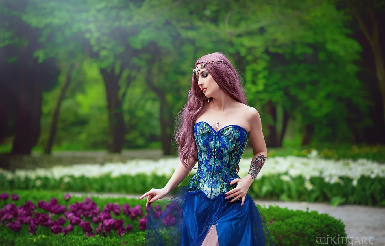 Photo wallpaper girl, nature, pose, style, makeup, garden, costume, outfit