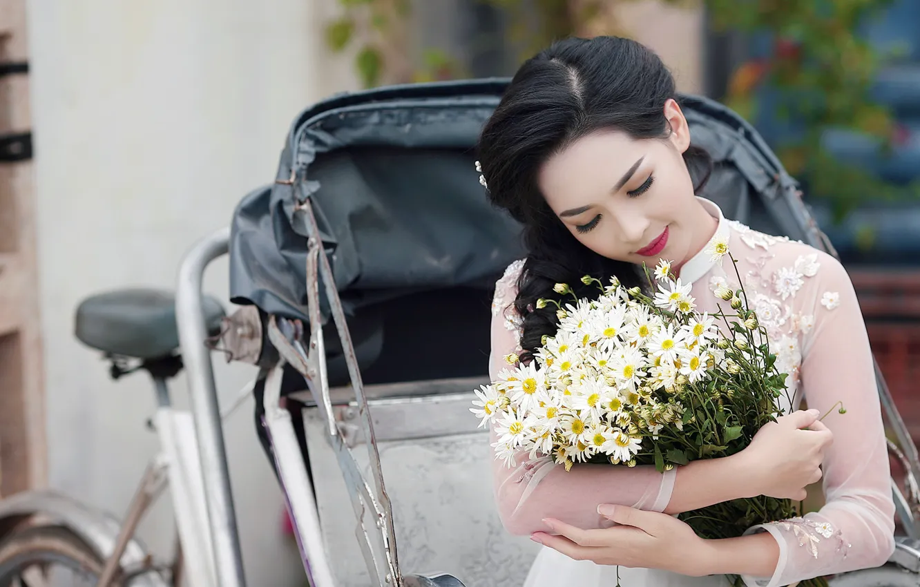 Photo wallpaper girl, flowers, style, mood, chamomile, Asian