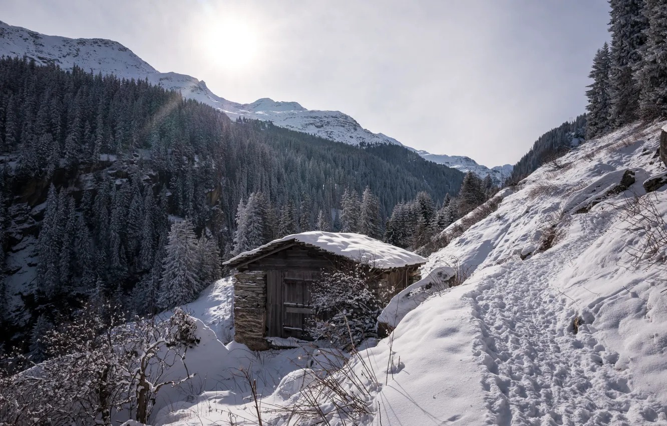 Photo wallpaper winter, mountains, house