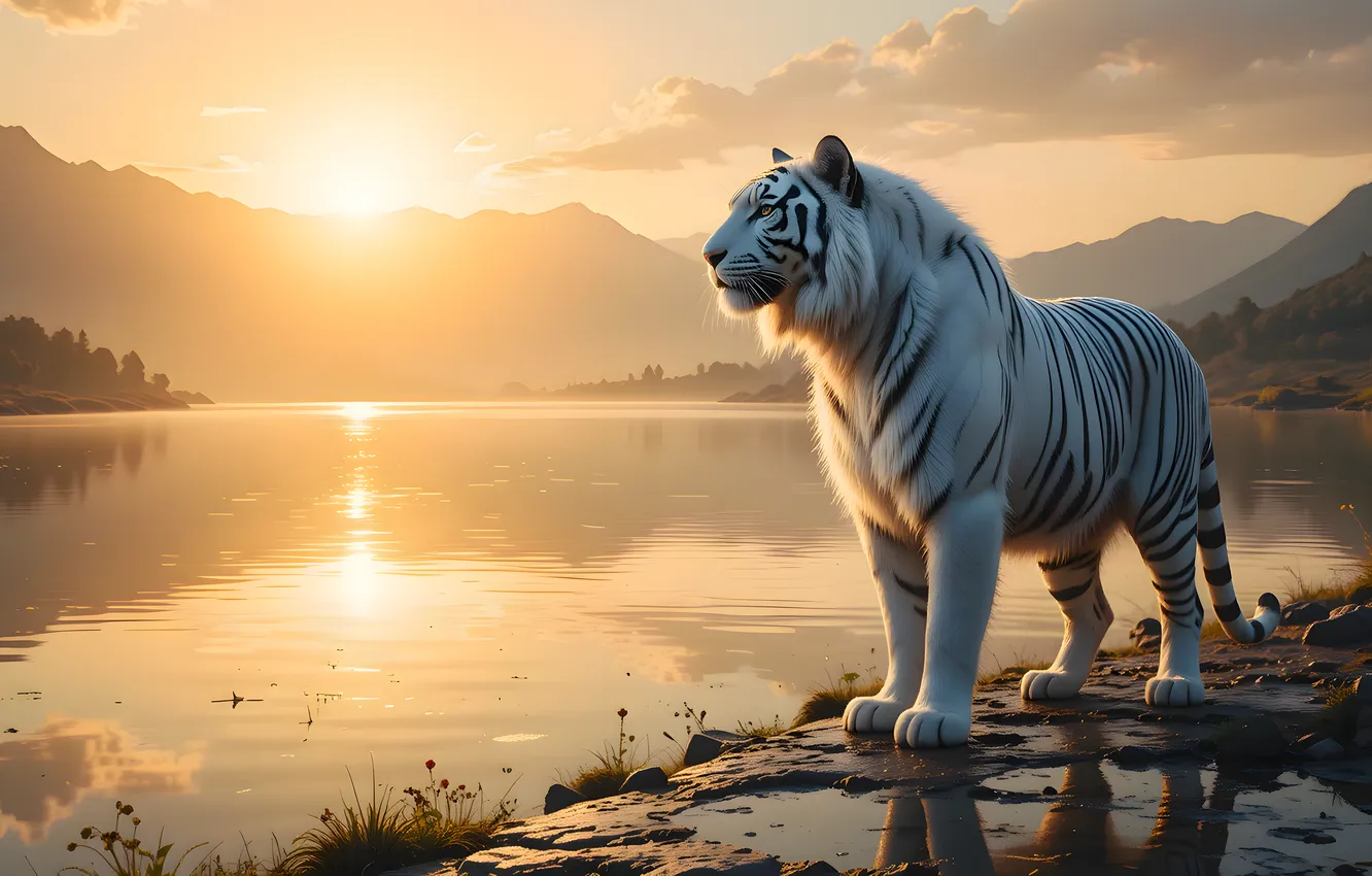 Photo wallpaper white, look, the sun, light, mountains, tiger, lake, reflection