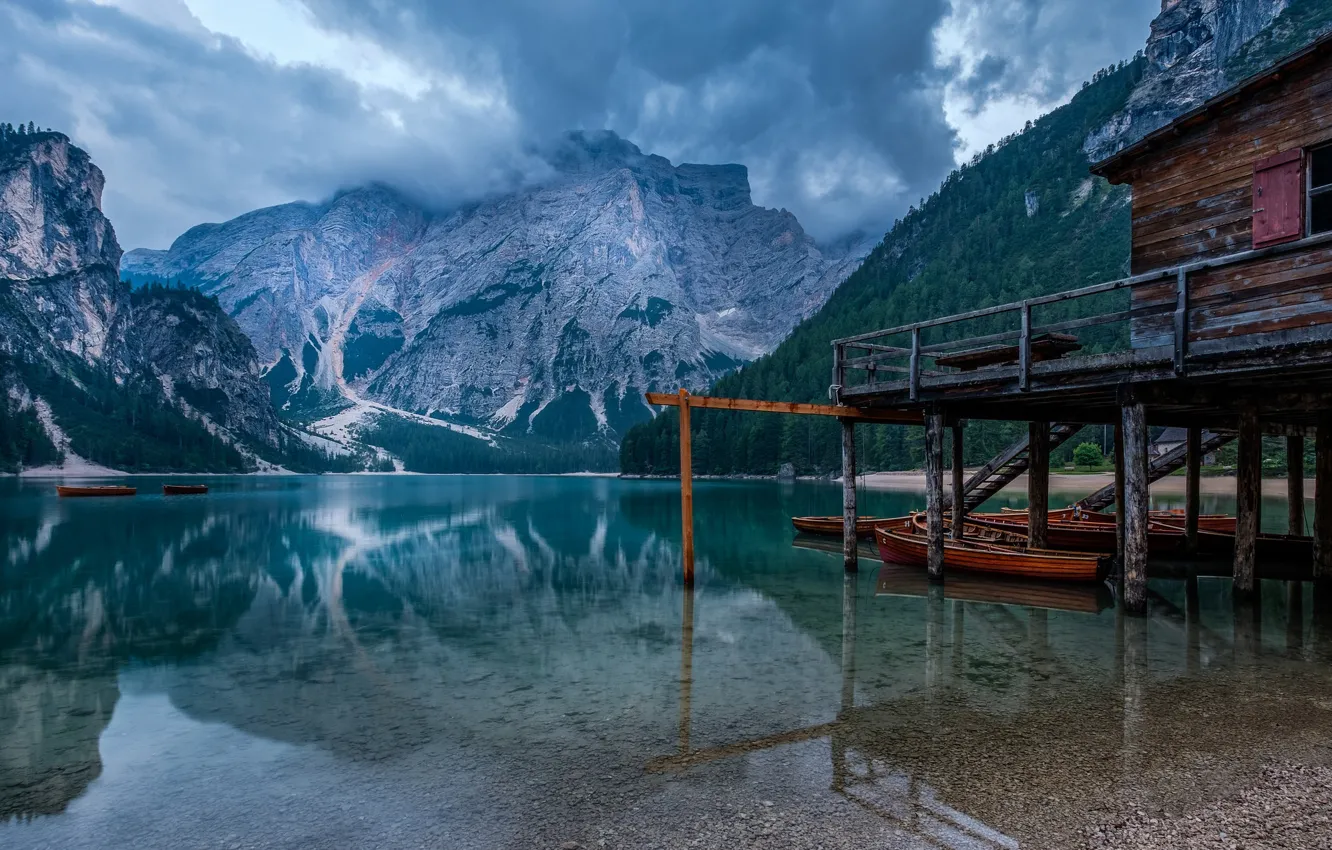 Photo wallpaper mountains, lake, Italy, South Tyrol, Lake Braies, The Lake Of Braies