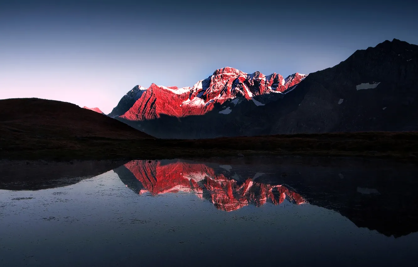 Photo wallpaper red, Mountain, lake, snow, light and darkness