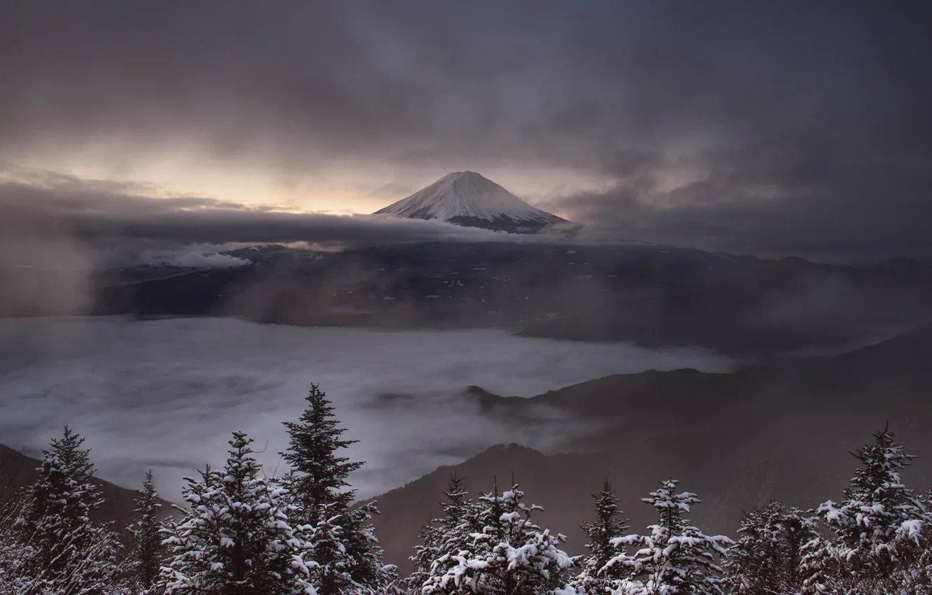 Photo wallpaper winter, the sky, snow, landscape, mountains, fog, overcast, hills