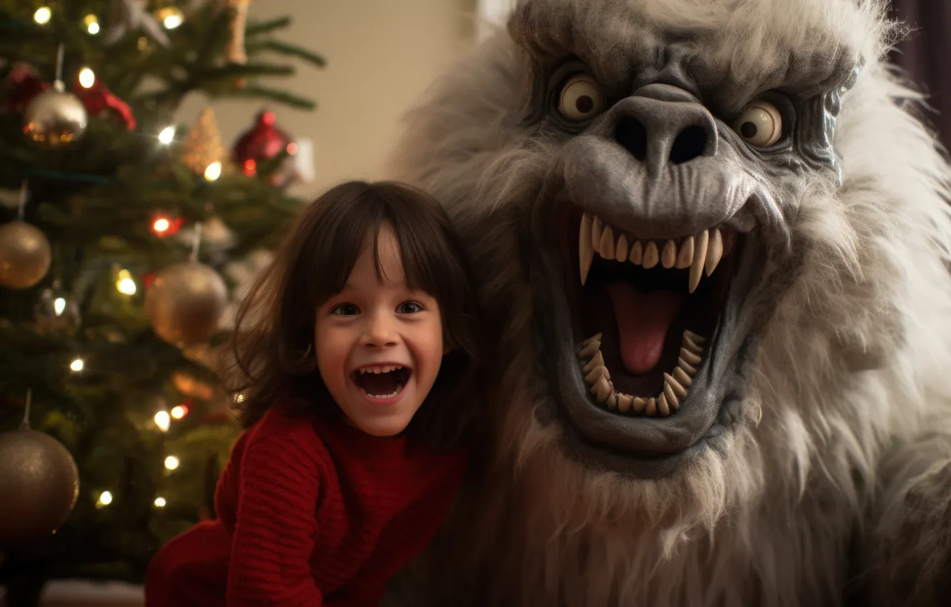 Photo wallpaper Monster, Smile, Christmas, Girl, New year, Tree, Toys, Joy