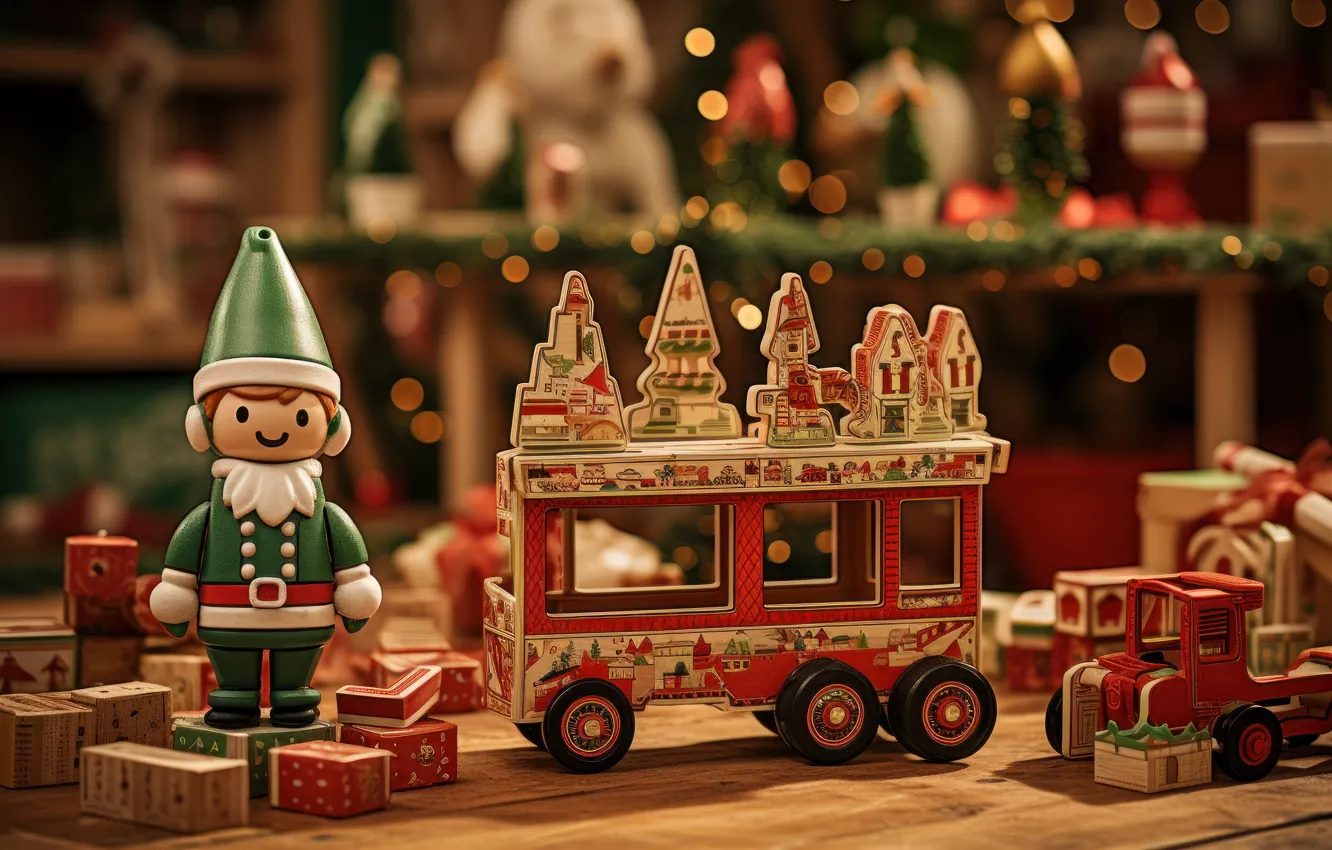 Photo wallpaper toy, toys, Christmas, New year, dwarf, cars, gnome, AI art