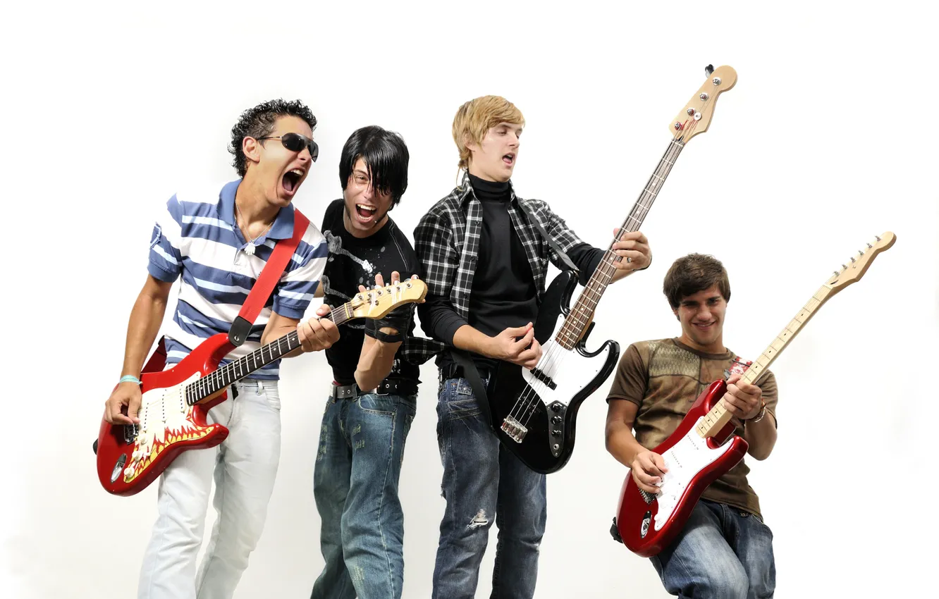 Photo wallpaper music, guitar, group, white background, guys, men, rock-n-roll, musicians