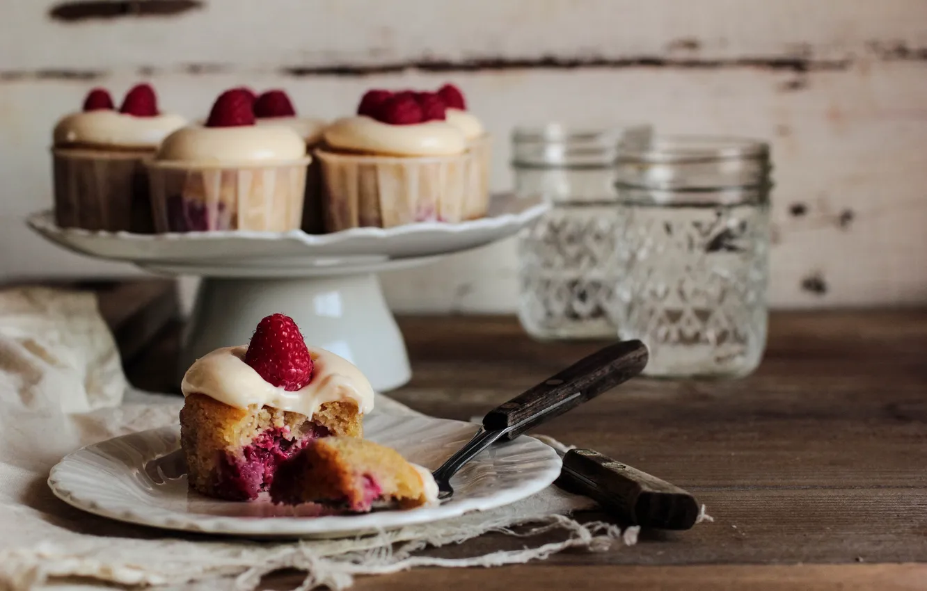 Photo wallpaper berries, raspberry, tea, sweets, cream, dessert, cakes, sweet