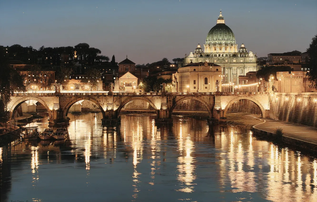 Photo wallpaper bridge, the city, lights, river, Rome, Italy, art, Rod Chase