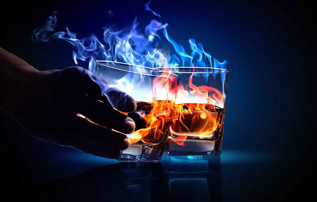 Photo wallpaper flame, lights, hands, liquid, burning, alcohol, alcohol, glass