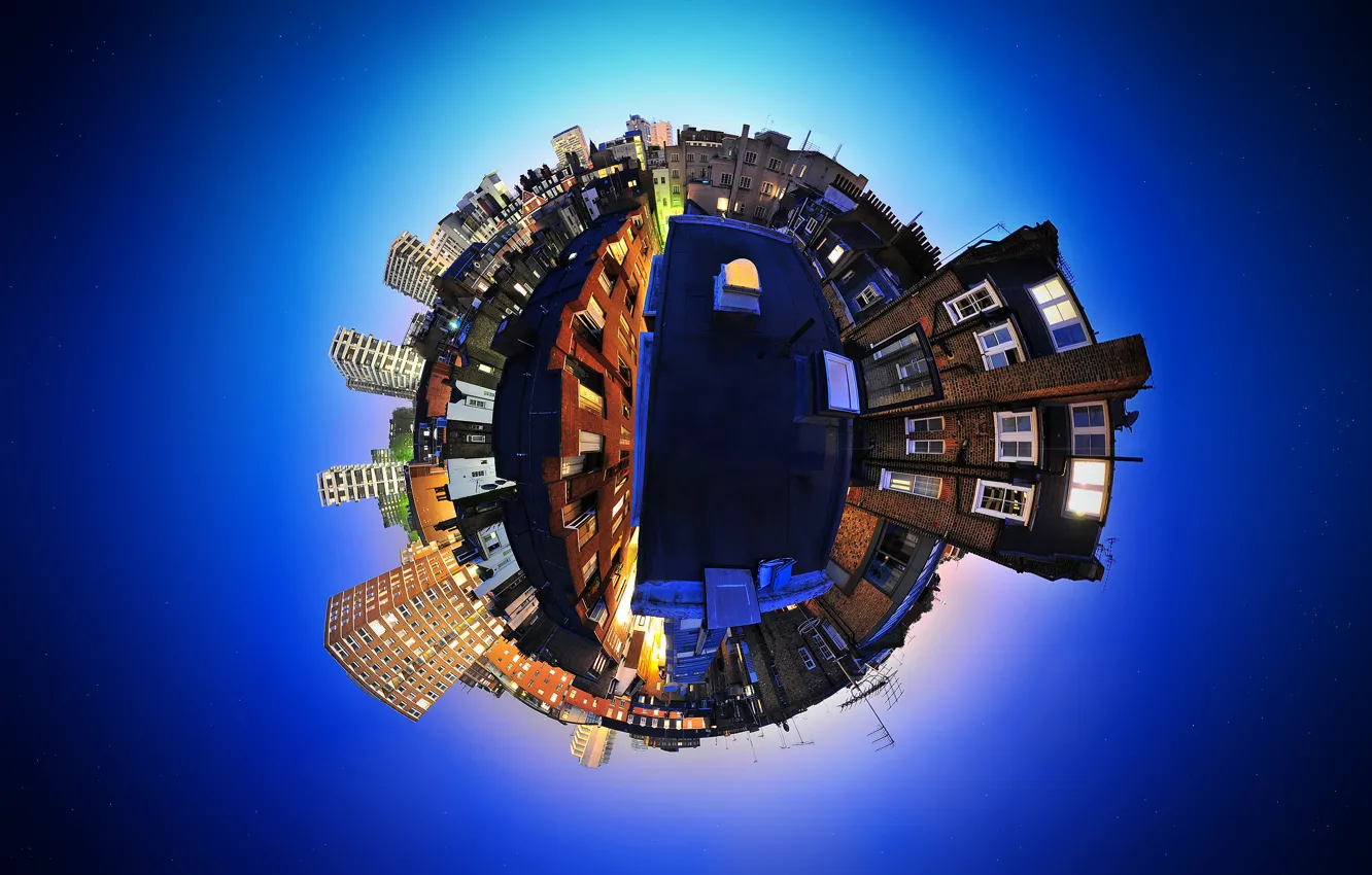 Photo wallpaper the sky, blue, the city, England, distortion, panorama