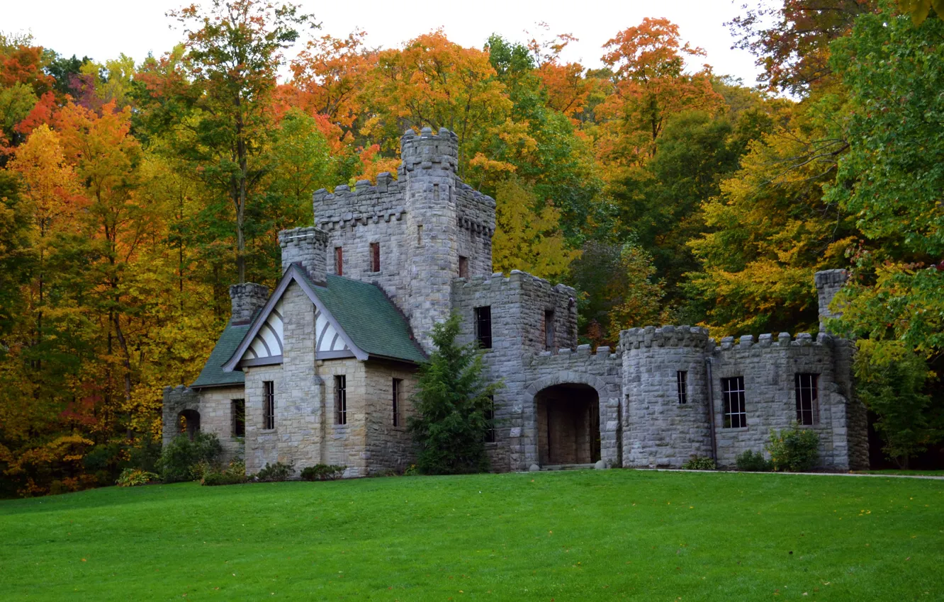 Photo wallpaper autumn, forest, grass, trees, castle, glade, USA, Squires Castle