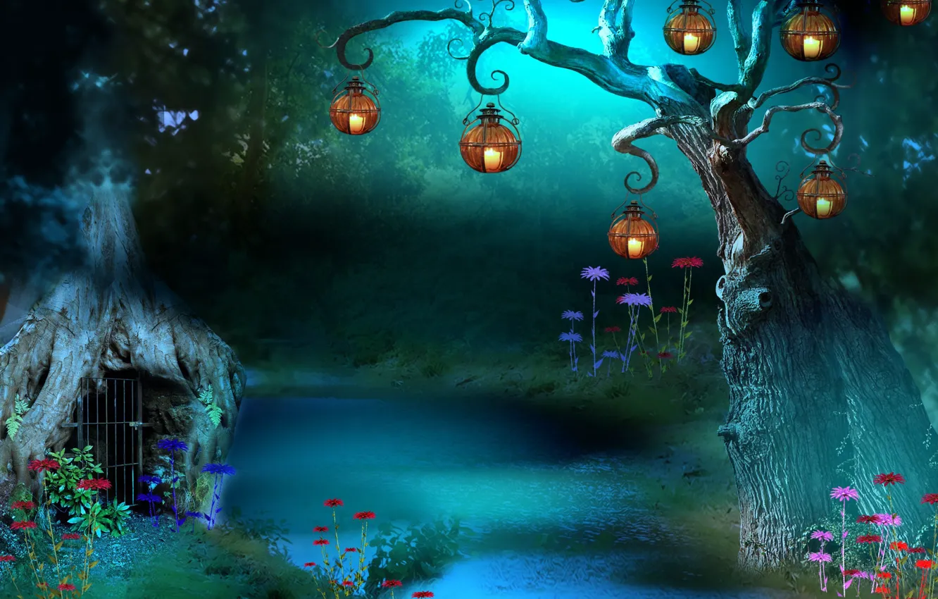 Photo wallpaper grass, trees, flowers, night, grille, flashlight, grass, river