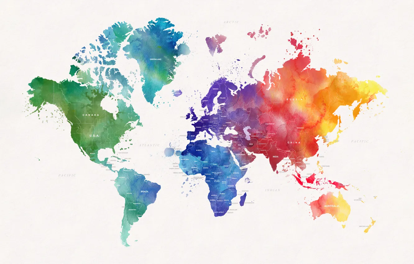 Photo wallpaper world, colorful, World Map, Watercolors