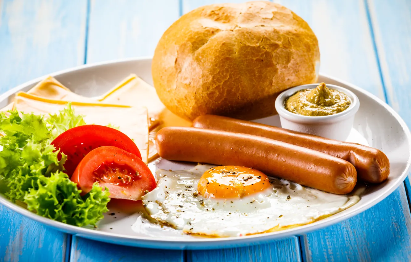 Photo wallpaper sausage, Breakfast, cheese, bread, tomatoes, mustard