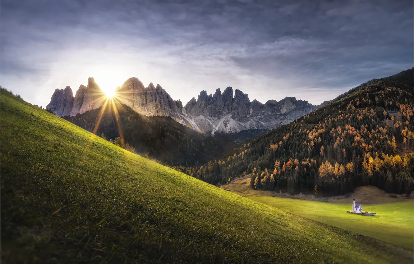 Photo wallpaper forest, the sun, rays, trees, mountains, nature, hills, Church