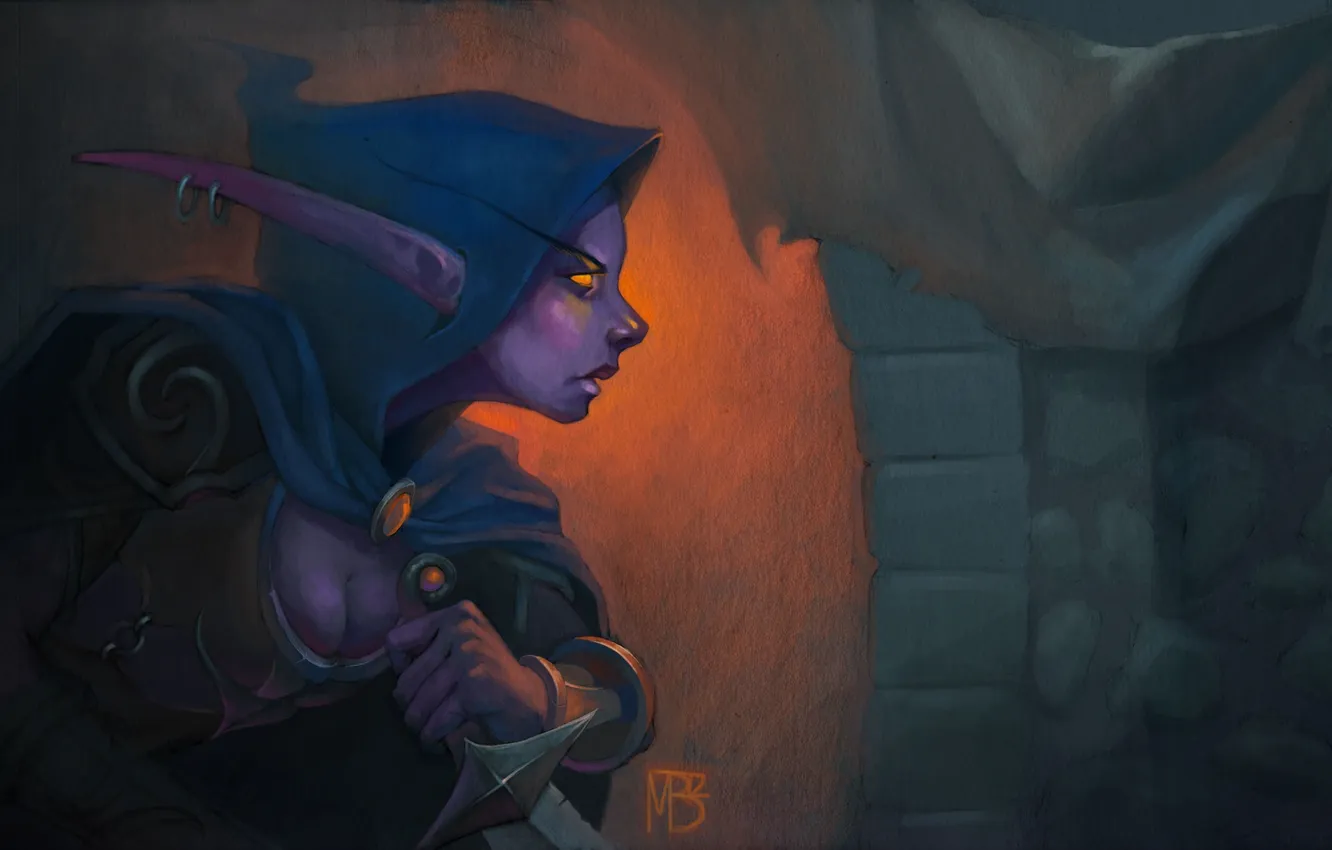 Photo wallpaper weapons, castle, elf, art, knife, arch, World of Warcraft, elf