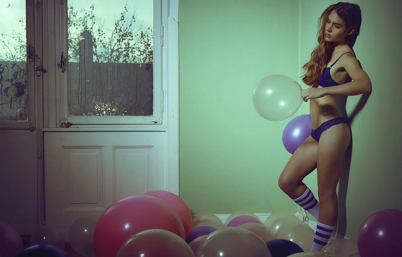 Photo wallpaper girl, balls, room, balls, underwear, brown hair, legs