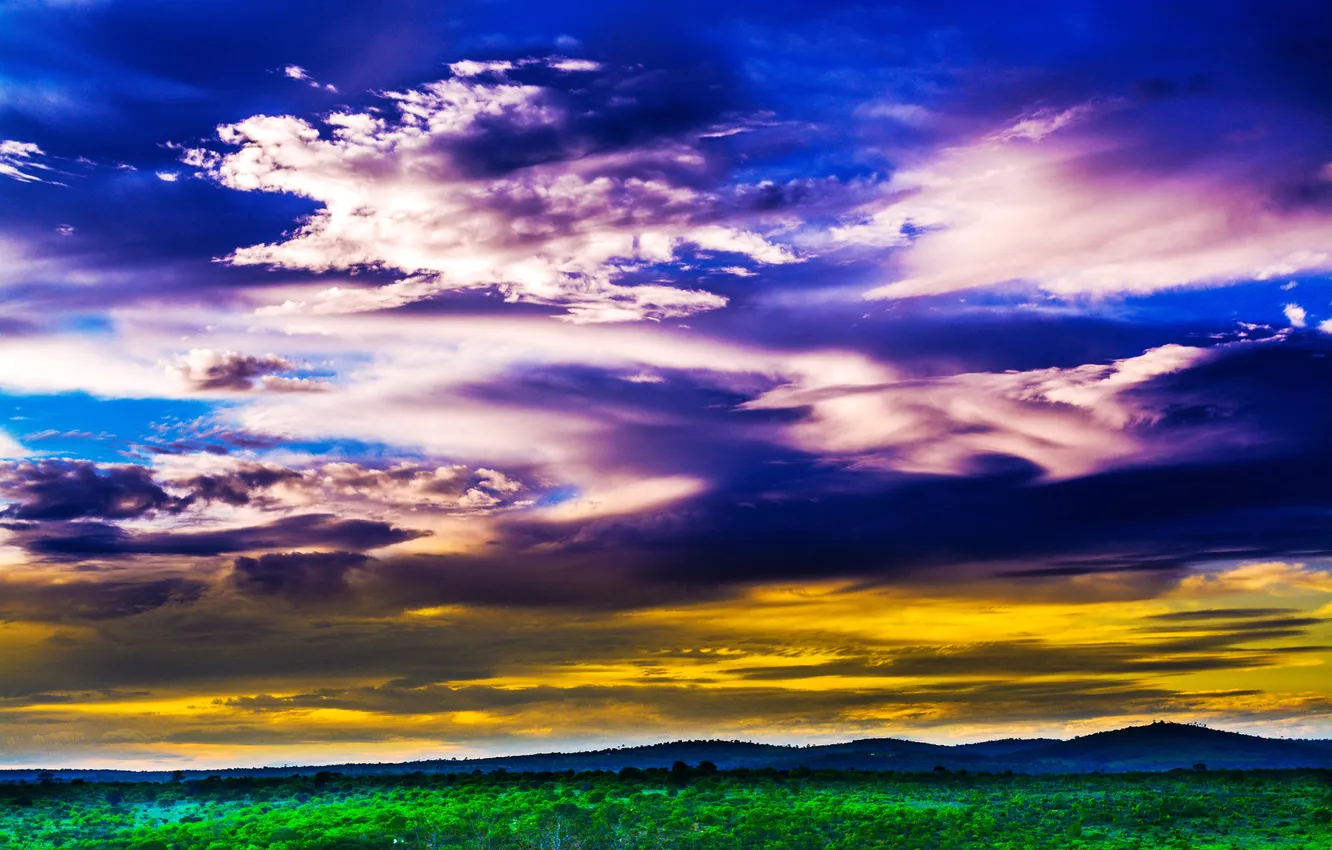 Photo wallpaper field, the sky, grass, mountains, clouds, glow