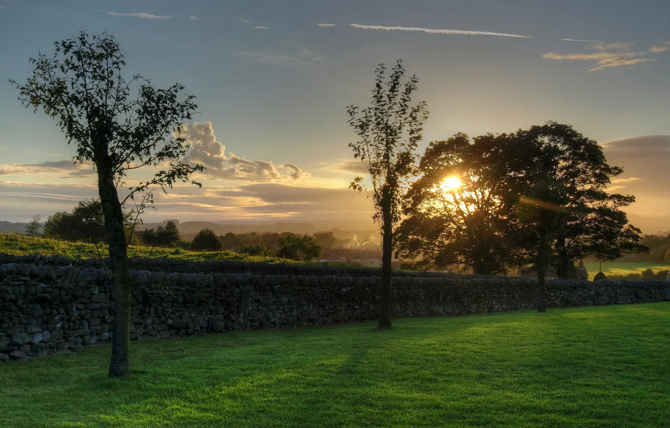 Photo wallpaper field, summer, trees, sunset, the fence