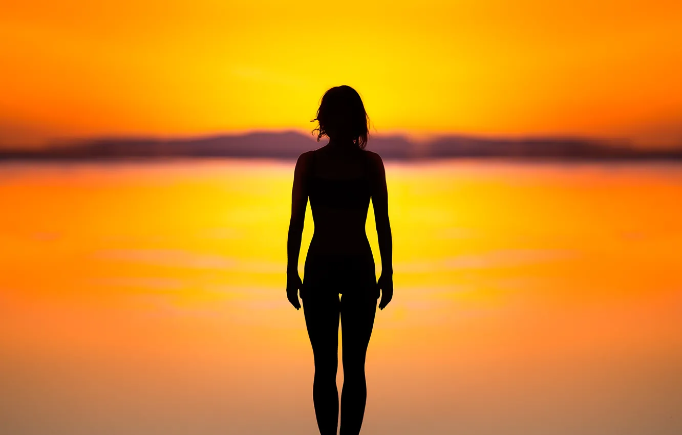 Photo wallpaper girl, sunset, background, figure, silhouette