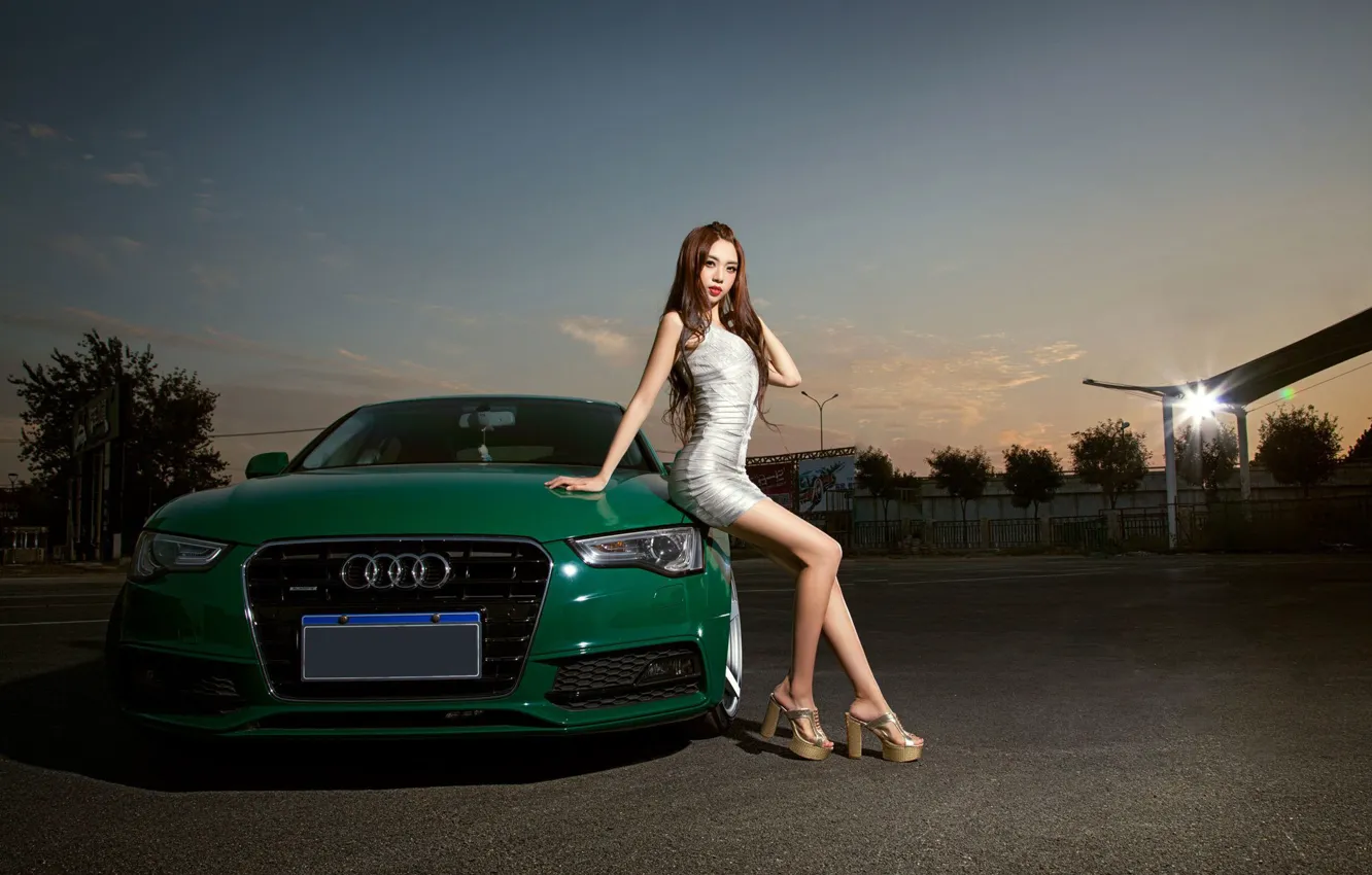 Photo wallpaper look, Audi, Girls, Asian, beautiful girl, green car