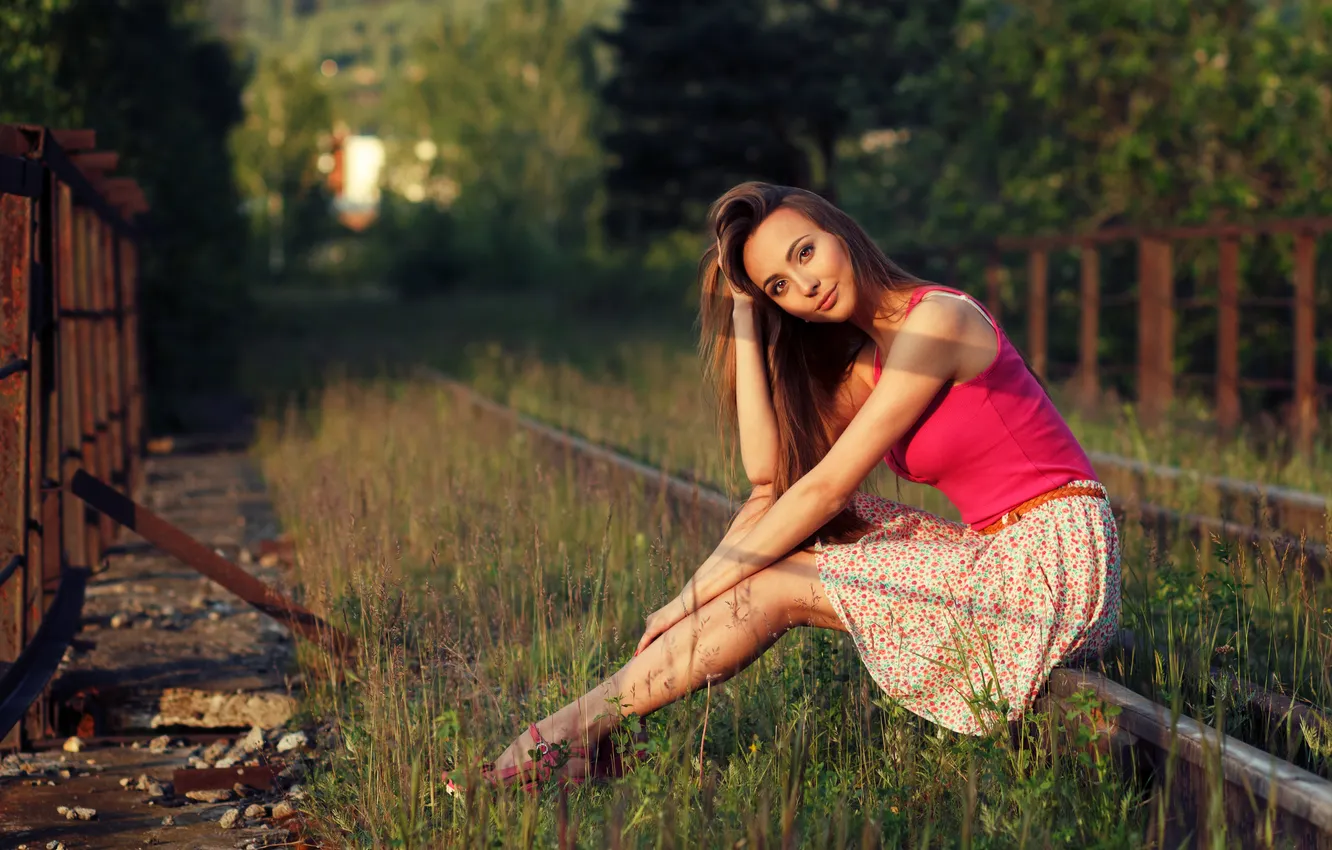 Photo wallpaper look, girl, pose, rails, skirt, hands, legs, long hair