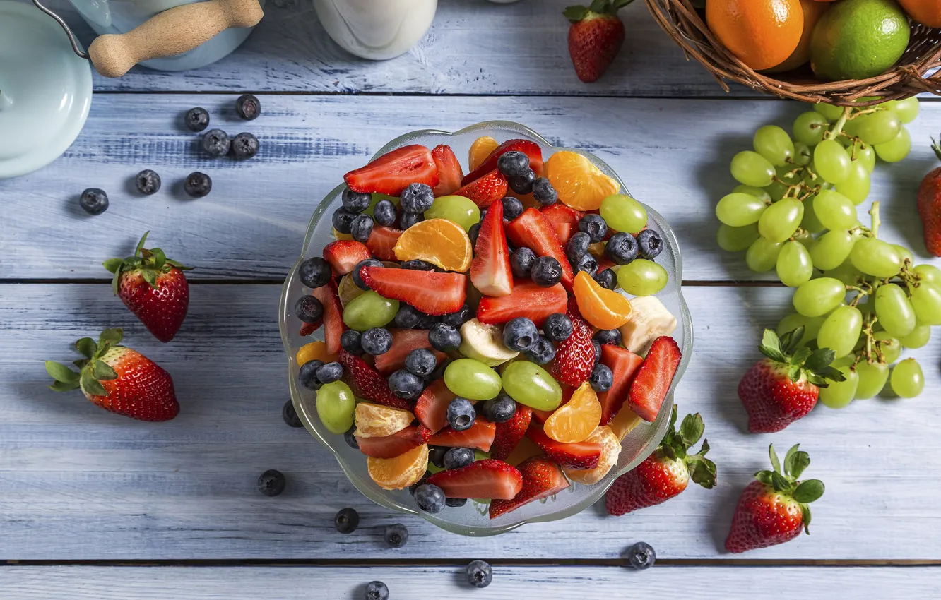 Photo wallpaper berries, strawberry, grapes, fruit, blueberries, Mandarin