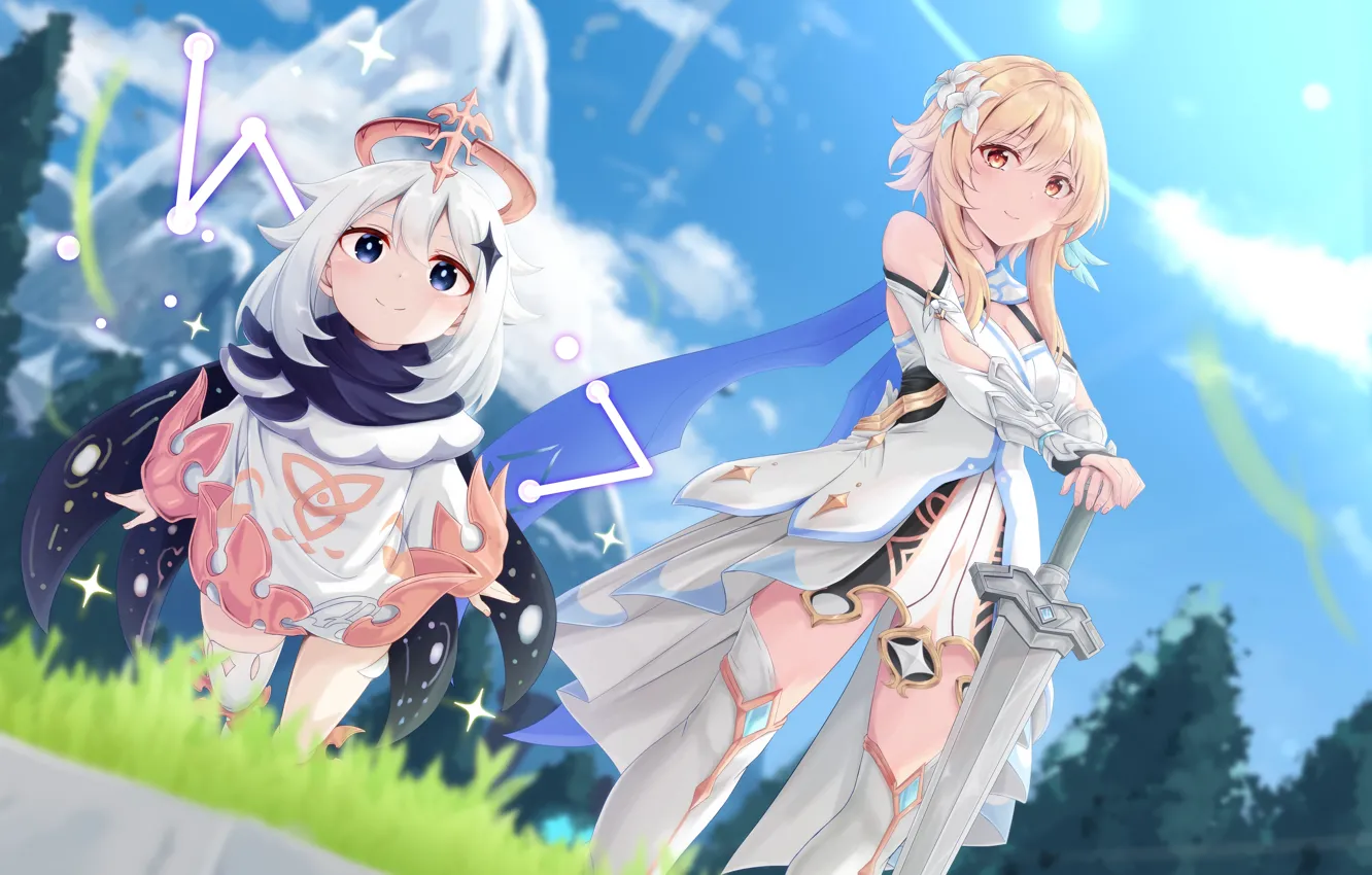 Photo wallpaper mountains, smile, sword, Genshin Impact, Light, Paimon