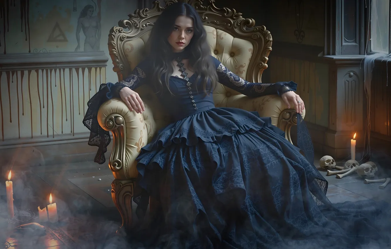 Photo wallpaper look, girl, pose, room, smoke, chair, candles, brunette
