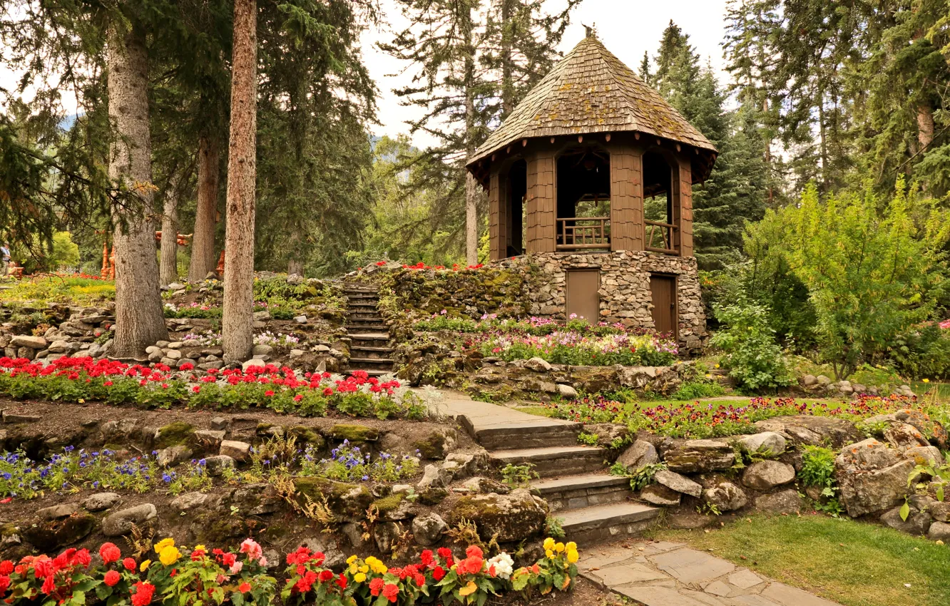 Photo wallpaper trees, flowers, stones, garden, Canada, track, steps, gazebo